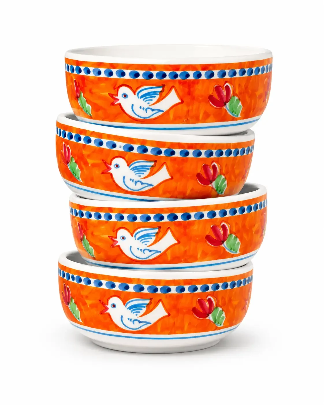 Vietri Campagna Uccello melamine cereal bowls with colorful bird and floral design, set of four.