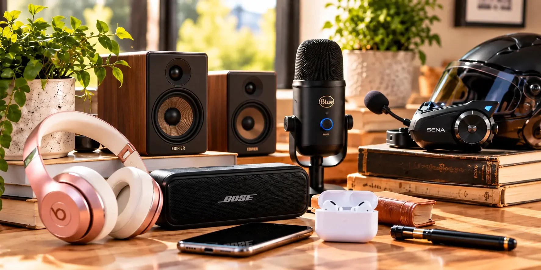 A collection of electronic devices and accessories on a wooden table, including a pair of wireless headphones, a portable Bose speaker, a microphone, and a pair of studio monitor speakers