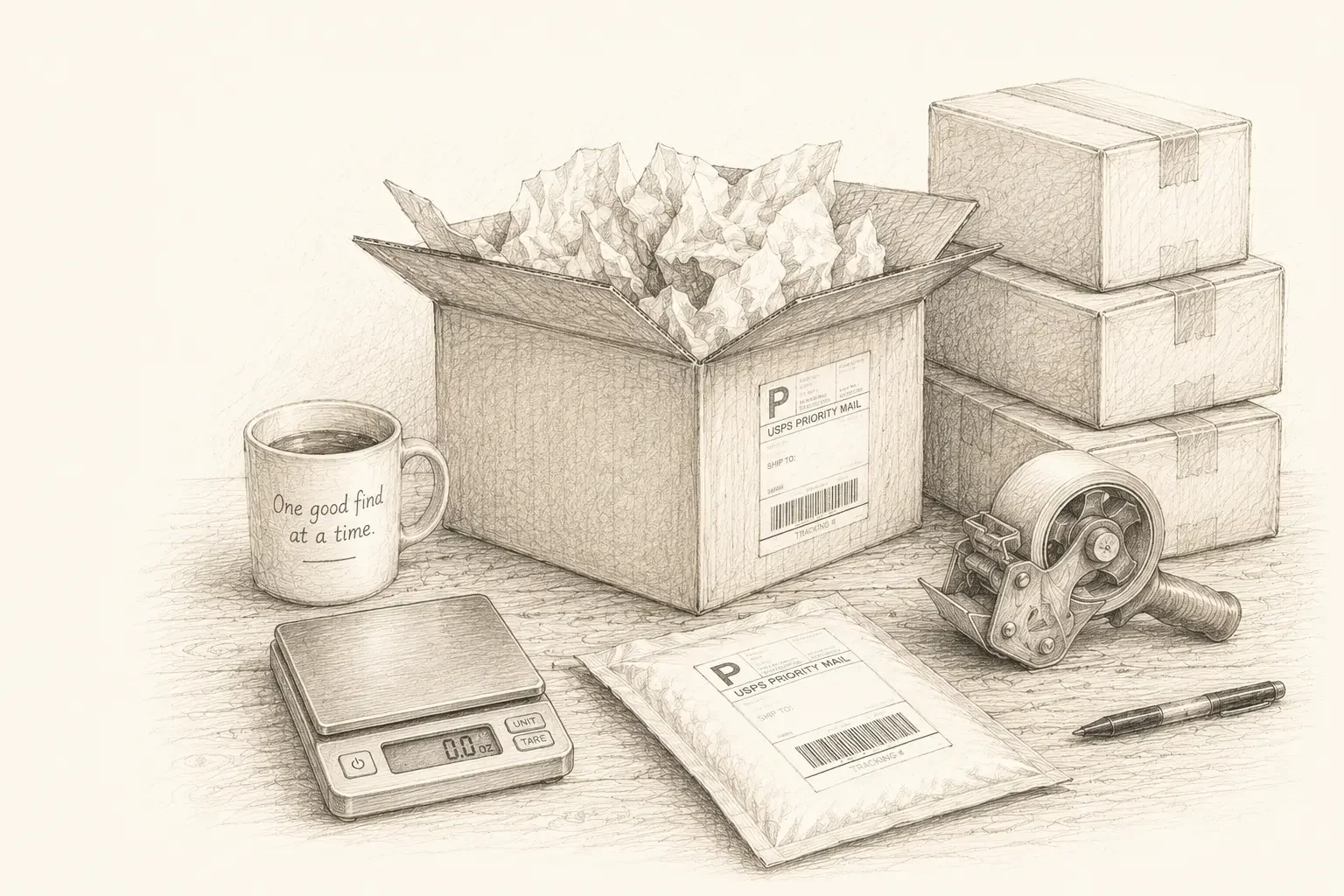 A sketch of packaging supplies and a weight scale on a workbench