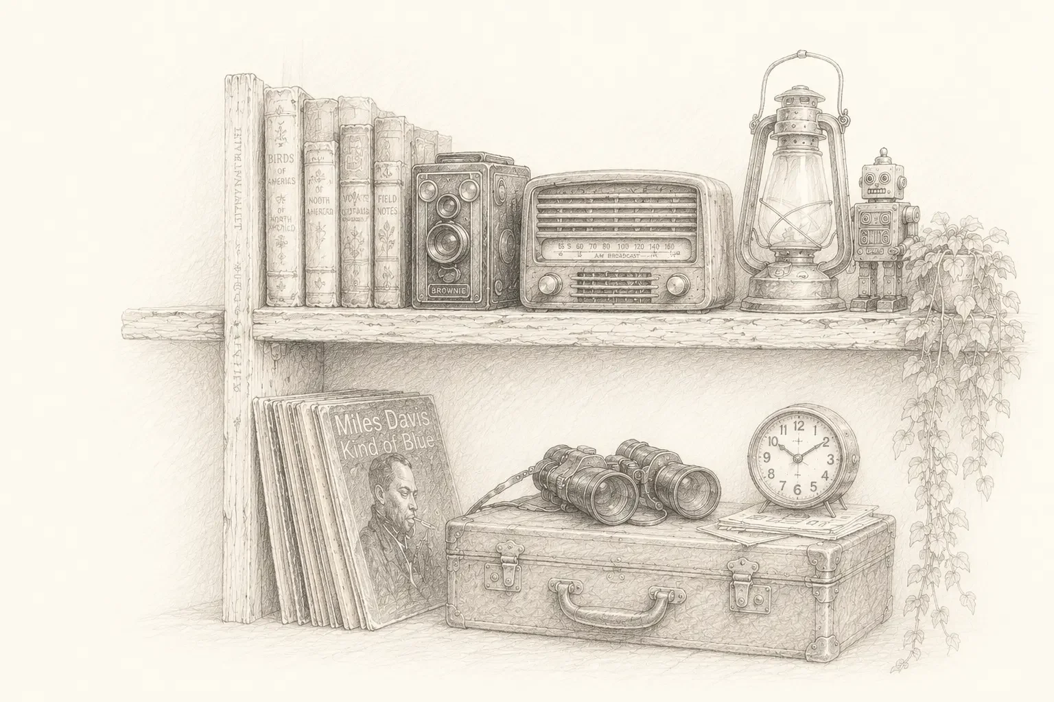 A sketch drawing of vintage products displayed on shelves