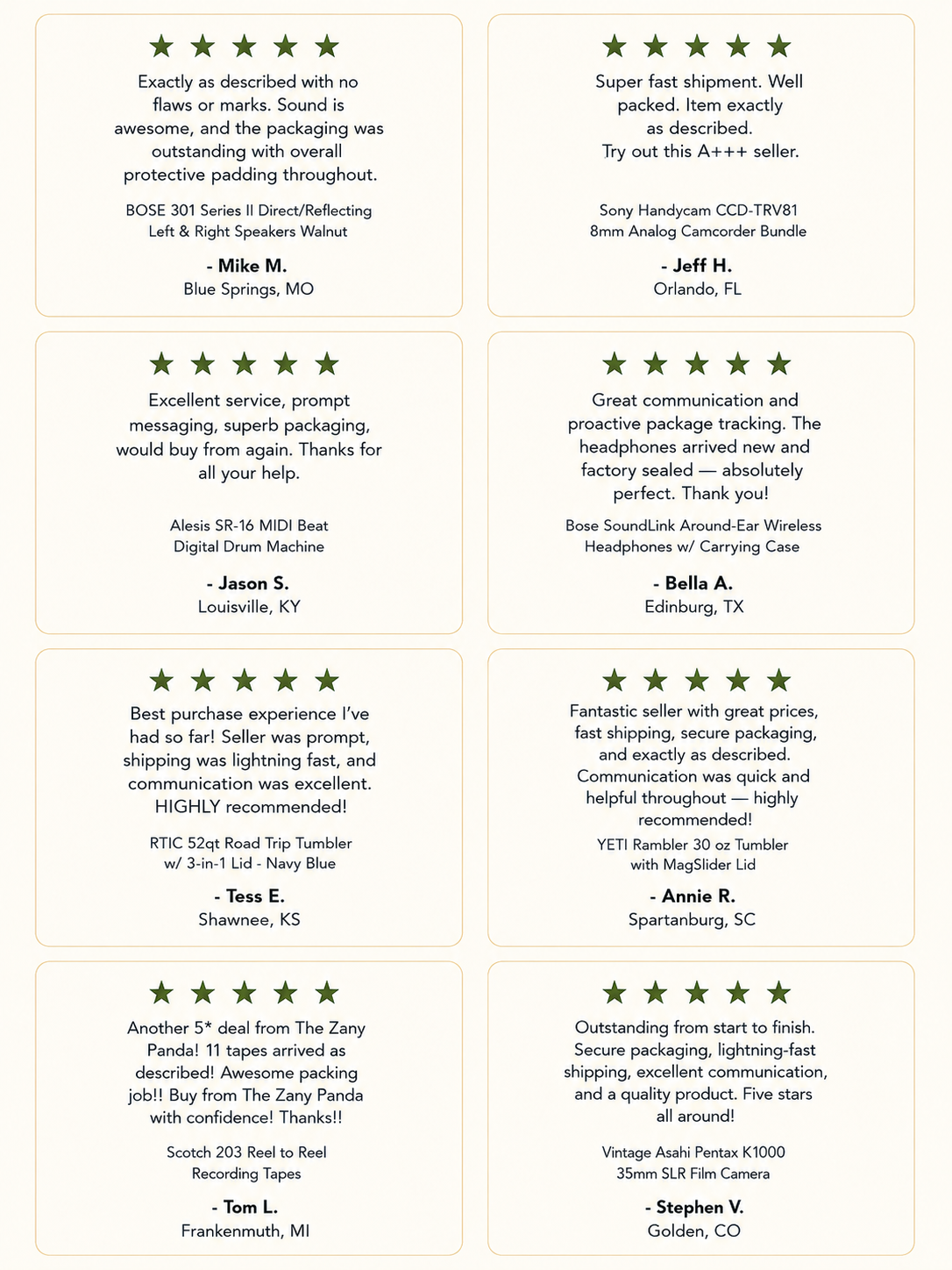 Grid of five-star customer testimonials highlighting fast shipping, careful packaging, communication, and product condition.