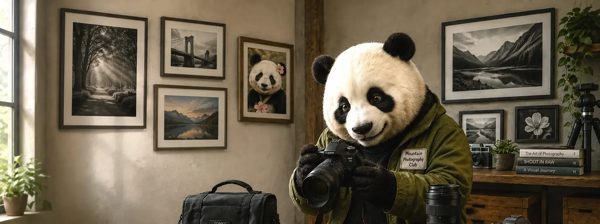 An imagine of the panda inspecting his camera kit