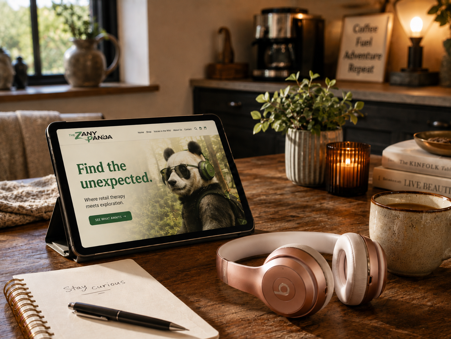 Audio and communication product scene with headphones, a radio, a tablet, and accessories on a warm tabletop.