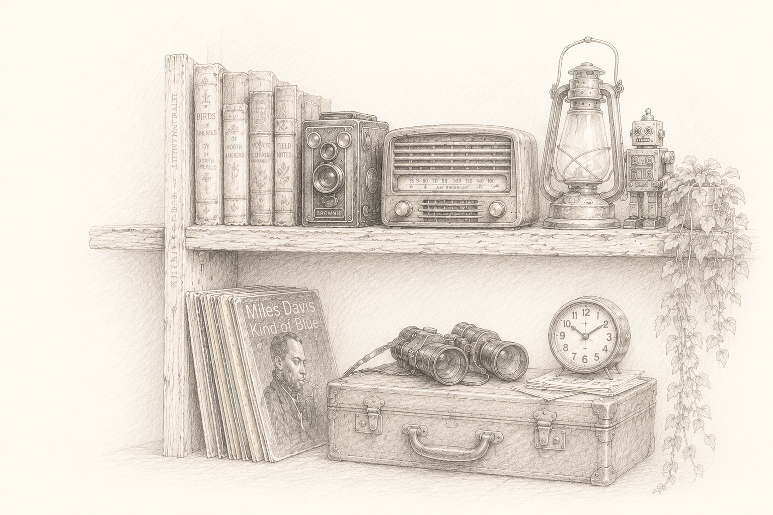Sketch of an overlooked shelf with vintage books, a radio, camera, lantern, binoculars, clock, and suitcase.