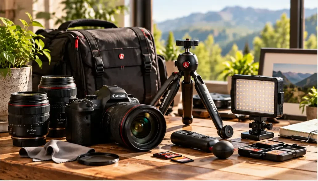 Camera, lenses, tripod, LED light, memory cards, and photography accessories arranged on a wooden table.