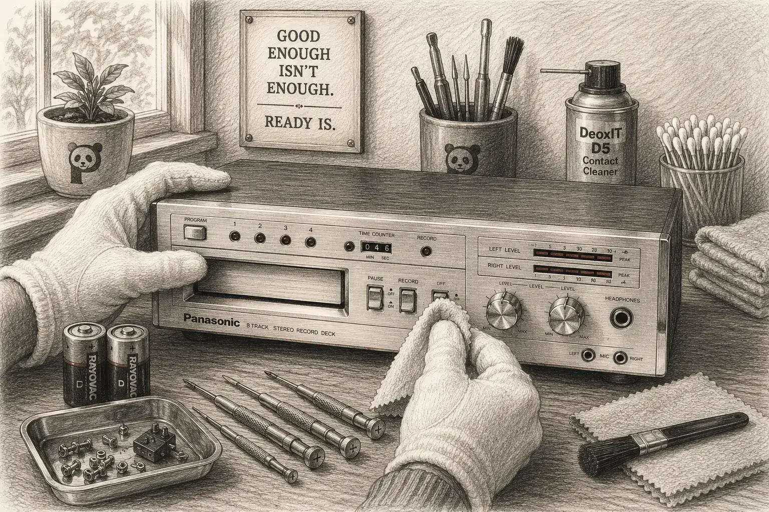 A sketch showing an 8-track recorder being restored on a workbench