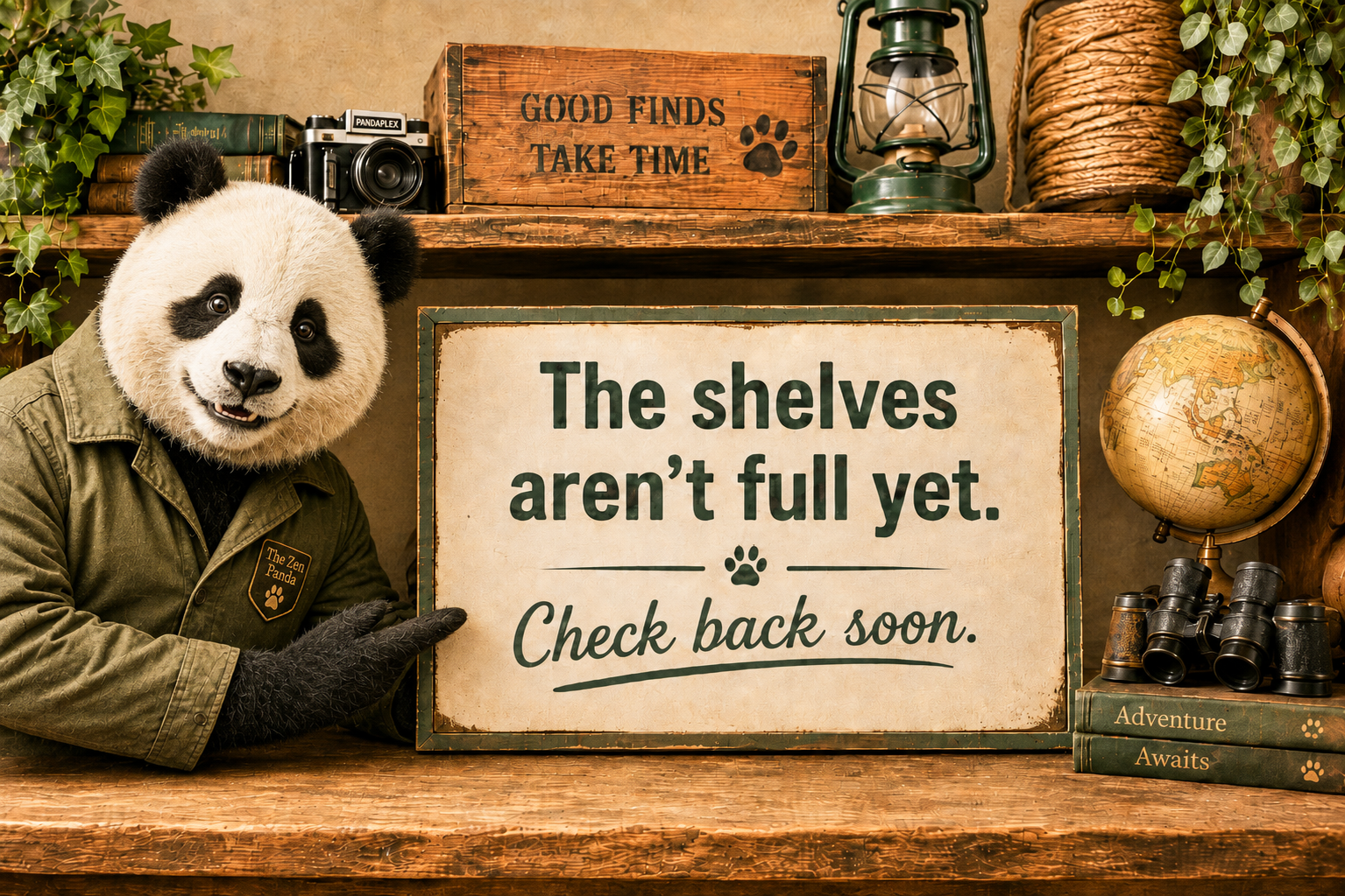Panda beside a sign reading “The shelves aren’t full yet. Check back soon.” in a rustic shop setting.