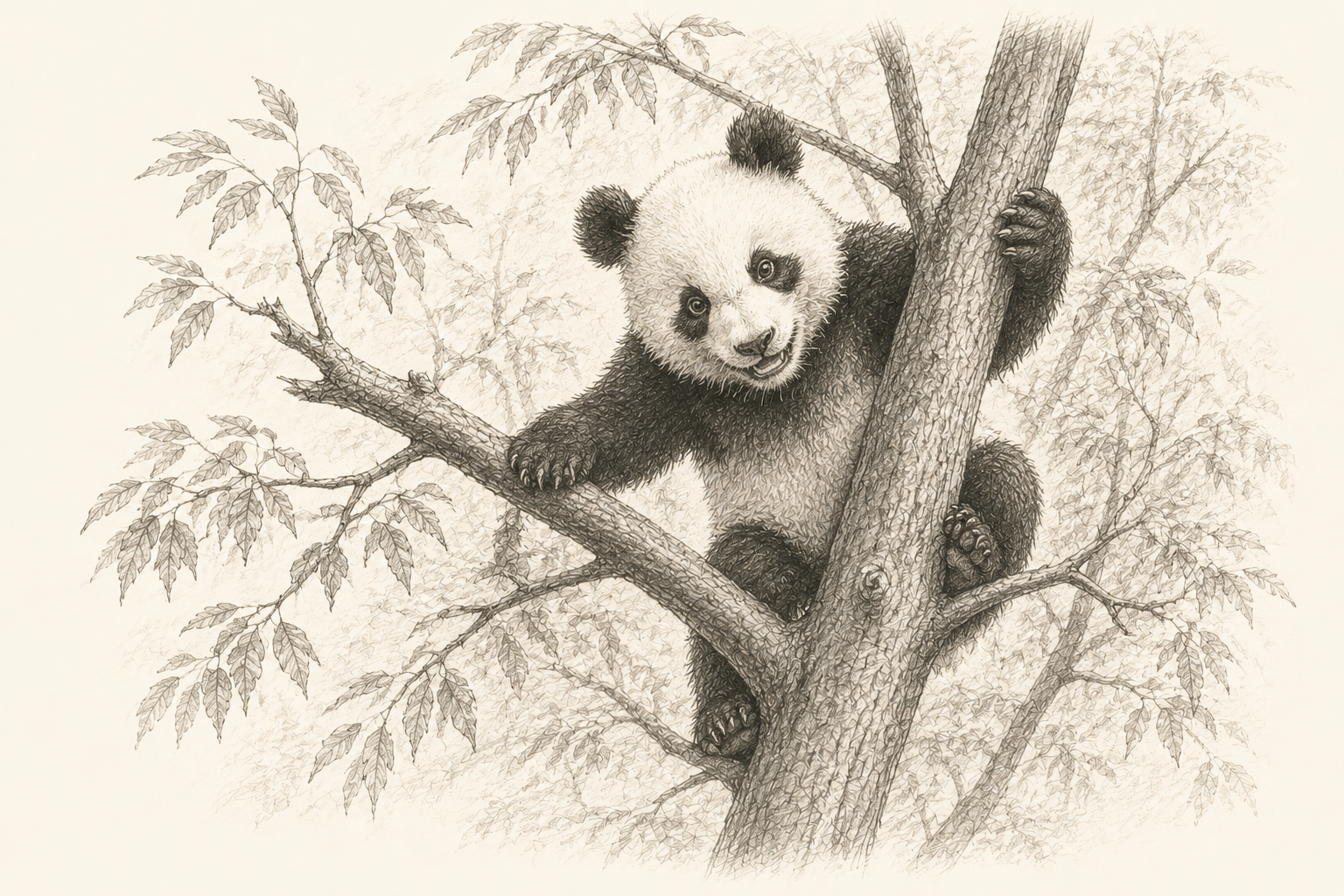 Sketch of panda cub Bei Bei perched in a tree, inspired by his time at the Smithsonian National Zoo.