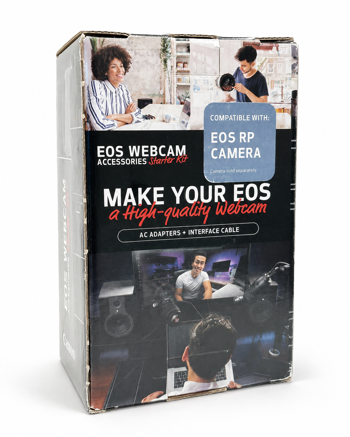 Canon EOS webcam accessories starter kit in retail packaging on a white studio background.