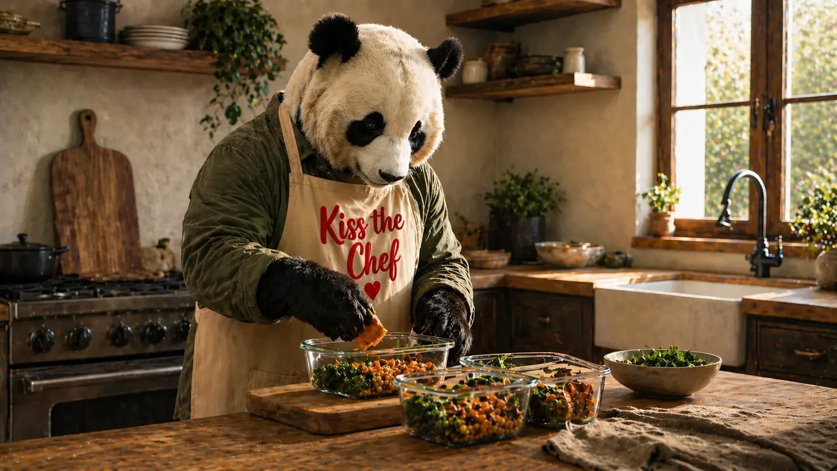 The Zany Panda guide preparing food in a rustic kitchen while wearing a “Kiss the Chef” apron.