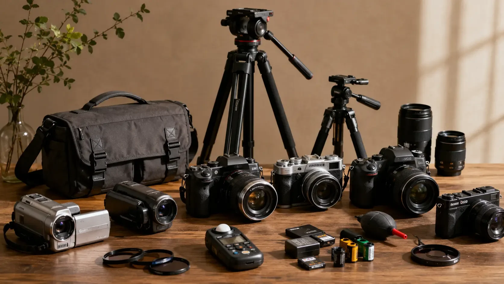 Cameras, lenses, tripods, and photography accessories arranged on a wooden table.