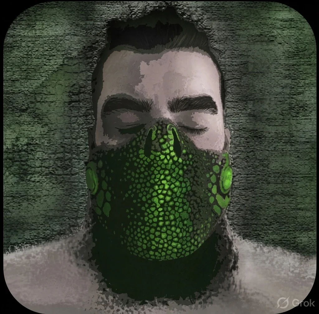 Person with eyes closed wearing a face mask with green and black lizard skin pattern. Background has a textured, dark green and black appearance.