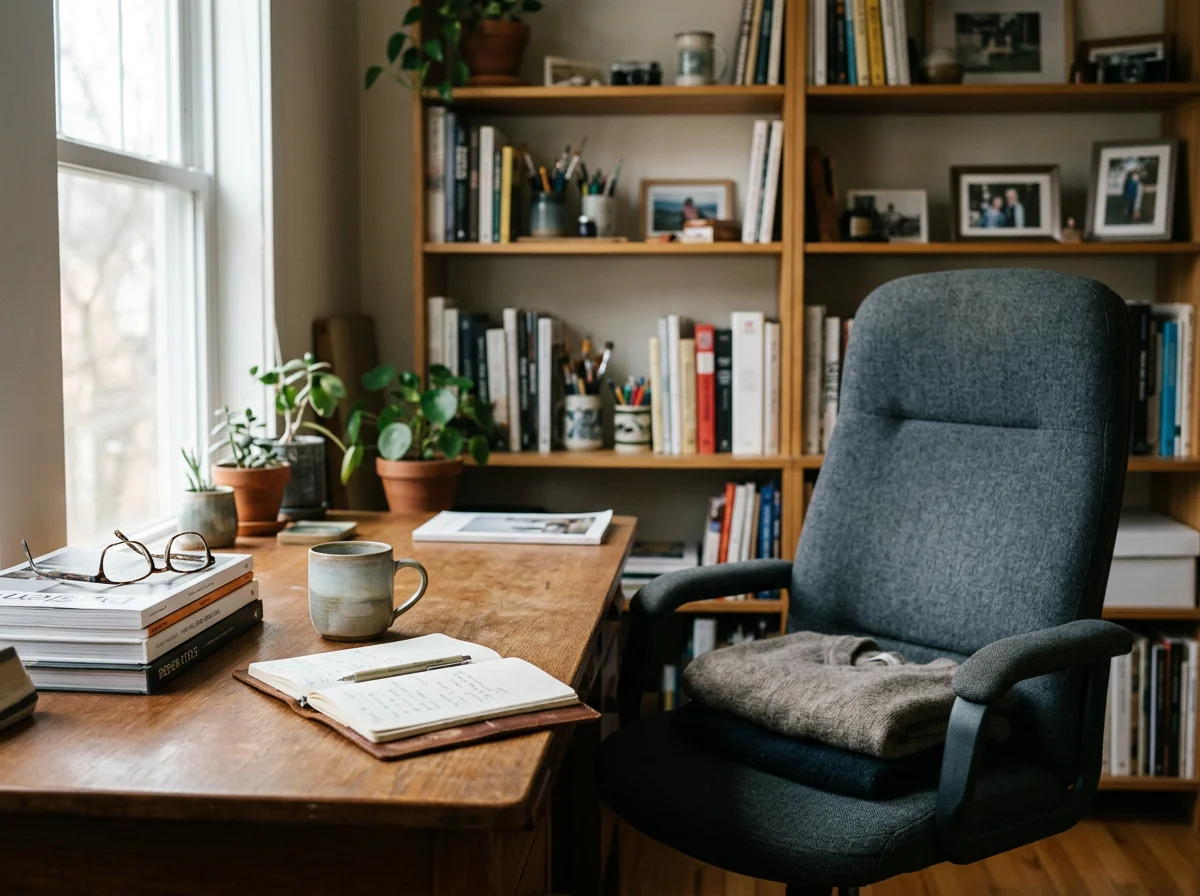 Home office with a wooden desk, reading glasses, open notebook, coffee mug, and stack of books. A gray office chair with a folded cloth on it, and a bookshelf with books, framed photos, and potted plants in the background.