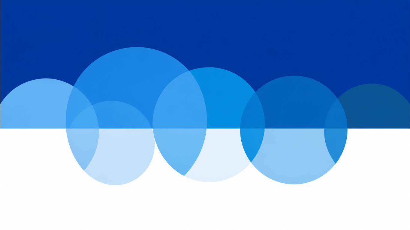 Abstract digital art with overlapping blue circles on a dark blue background and white space at the bottom.