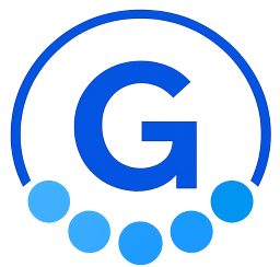 A stylized logo featuring a large blue letter G surrounded by a blue arc and six blue circles at the bottom.