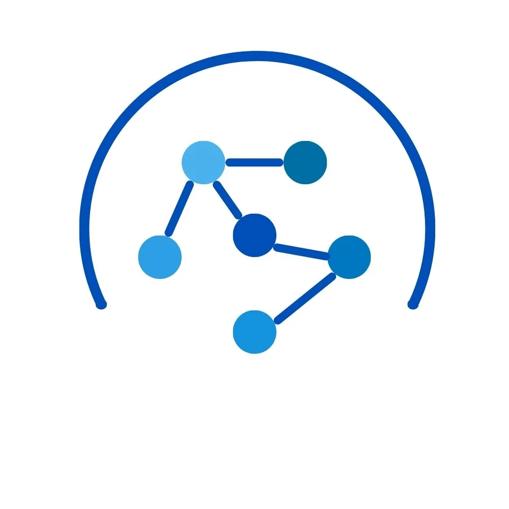 A digital illustration of a constellation with seven blue circles connected by lines, enclosed within a semi-circular arc.