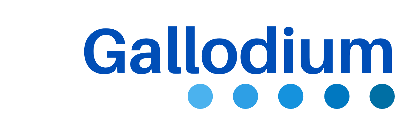 Graphic showing the word 'Gallium' in blue text with five blue dots underneath, on a black background.
