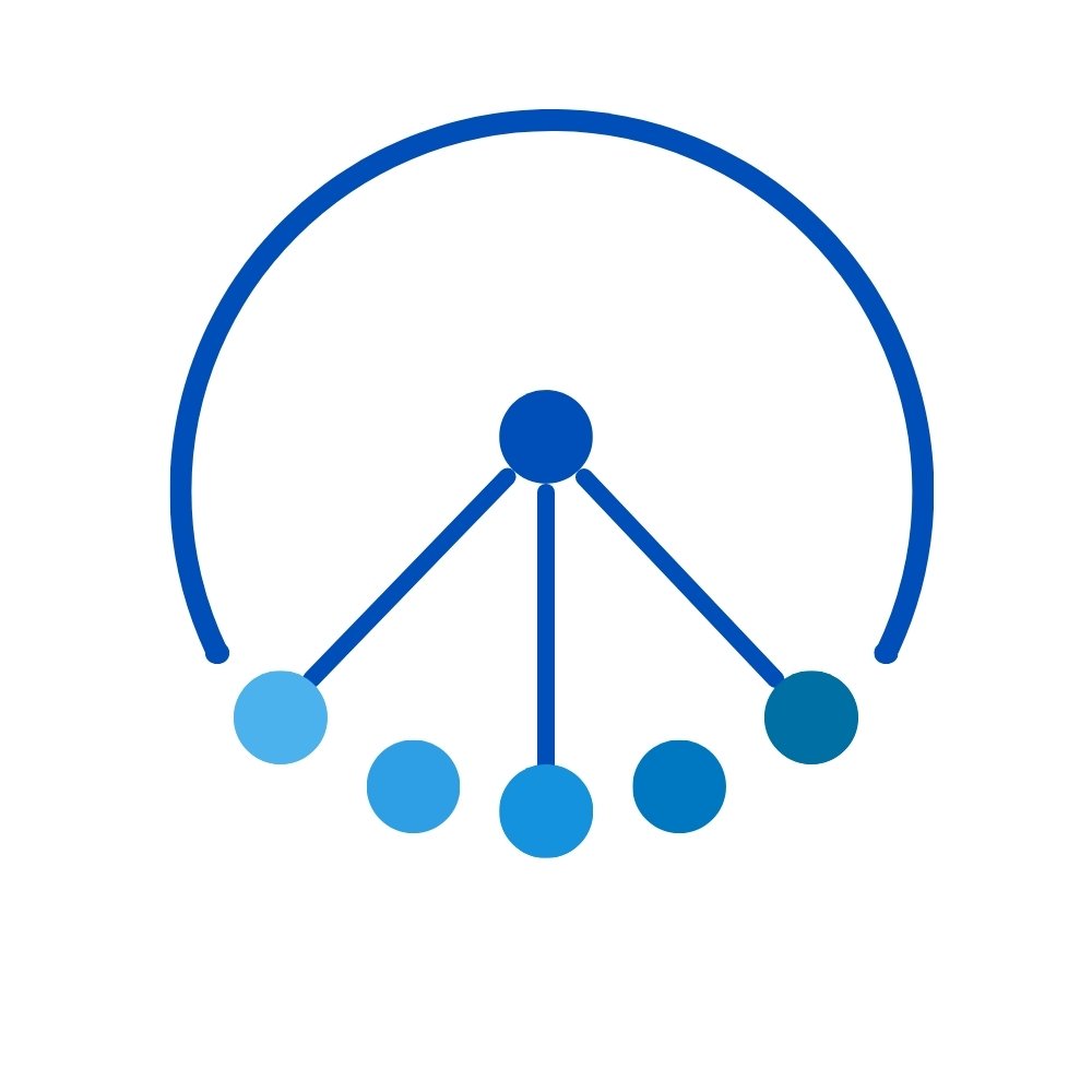 Line graph with seven data points connected by lines, with a semi-circle arc above the points, all in shades of blue.