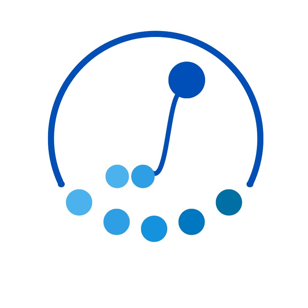 Minimalist circular graph with a blue outline, featuring multiple blue dots inside and a single larger dark blue dot connected to one of the smaller dots, all on a white background.