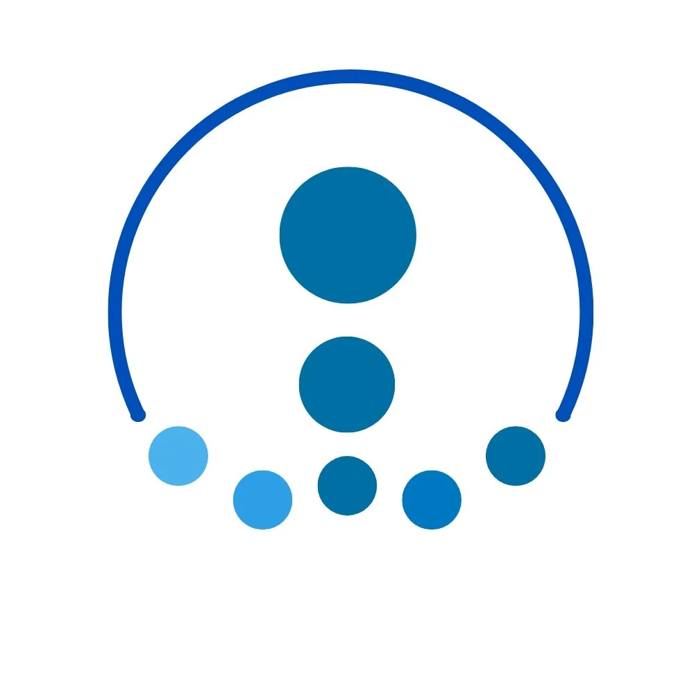 Circular logo with interconnected blue dots forming a stylized lowercase 'a' and an arc surrounding the dots.