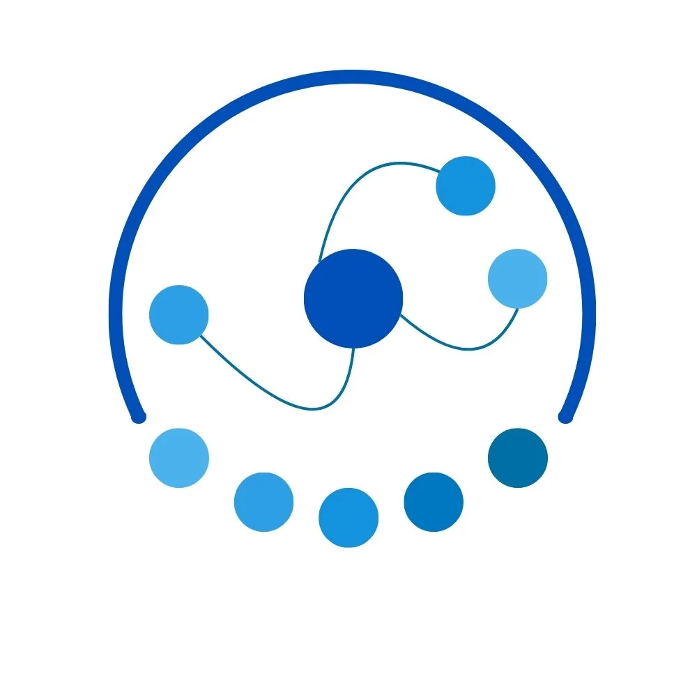 Abstract diagram with interconnected blue spheres and a semi-circular arc.