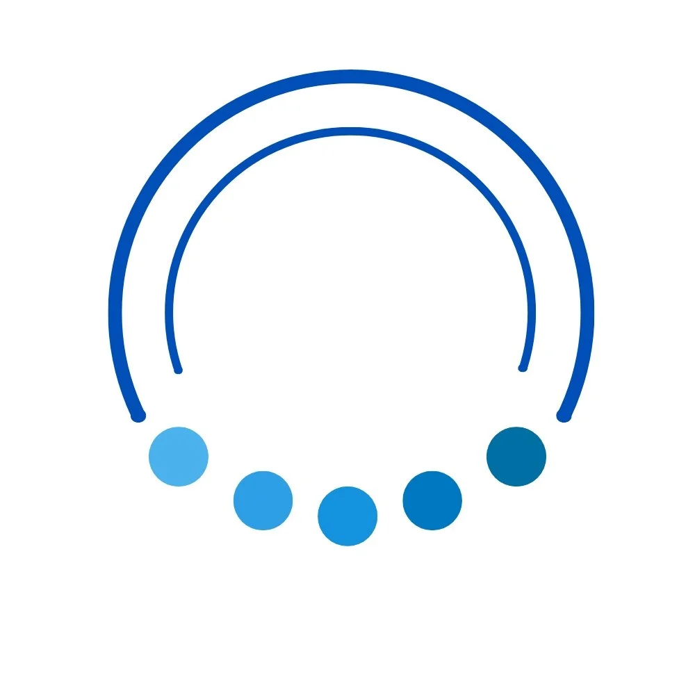Abstract design featuring two blue and three darker blue arcs with five blue gradient circles below.