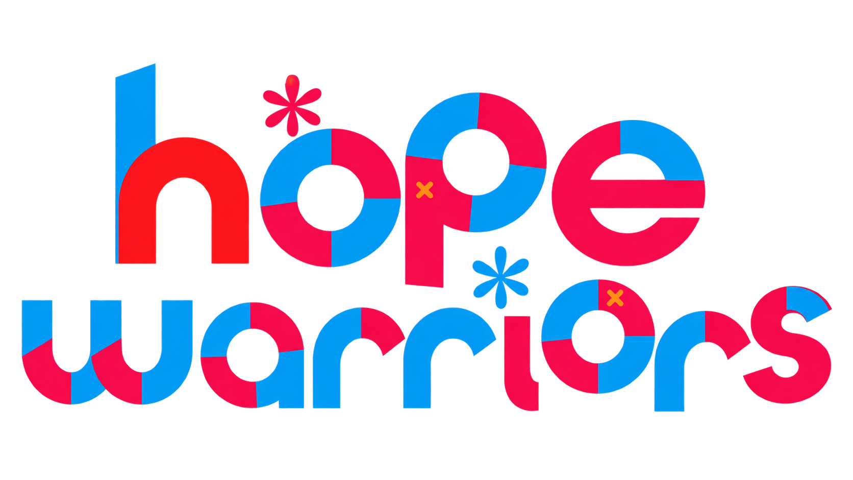 Colorful graphic with the phrase "hope warms" in bold, 3D block letters in red and blue with decorative asterisks and abstract shapes.