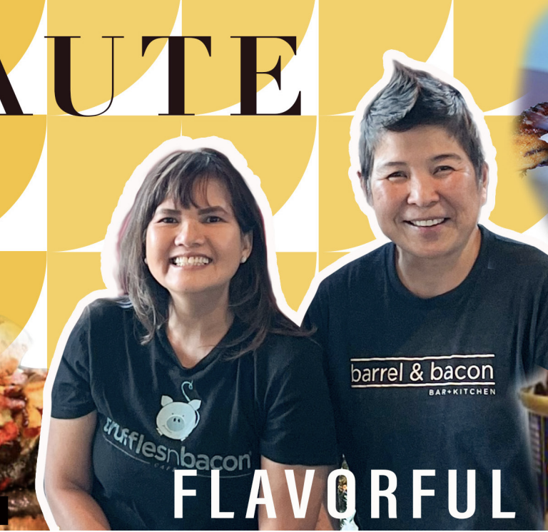 Two smiling people wearing black t-shirts with logos from a bacon-themed restaurant or bar, standing in front of a yellow background with the words "AUTE" and "FLAVORFUL" in the background.