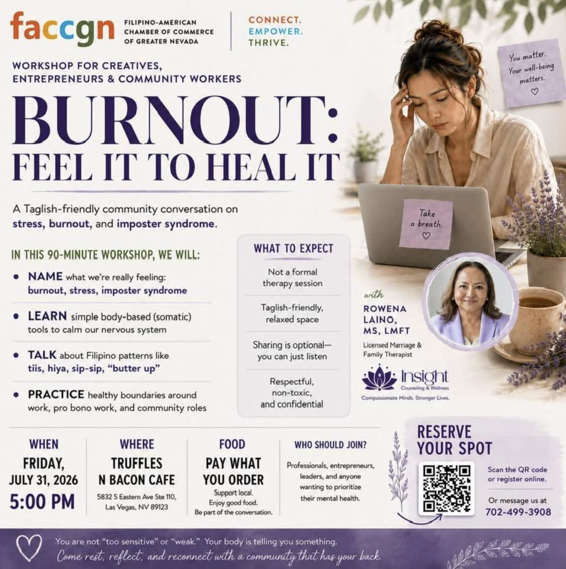 Poster advertising a workshop by the Filipino-American Chamber of Commerce of Greater Nevada on burnout, stress, and imposter syndrome. The poster features a woman looking distressed at her laptop, with notes saying 'You matter. Your well-being matters,' 'Take a breath,' and informational text about the workshop.