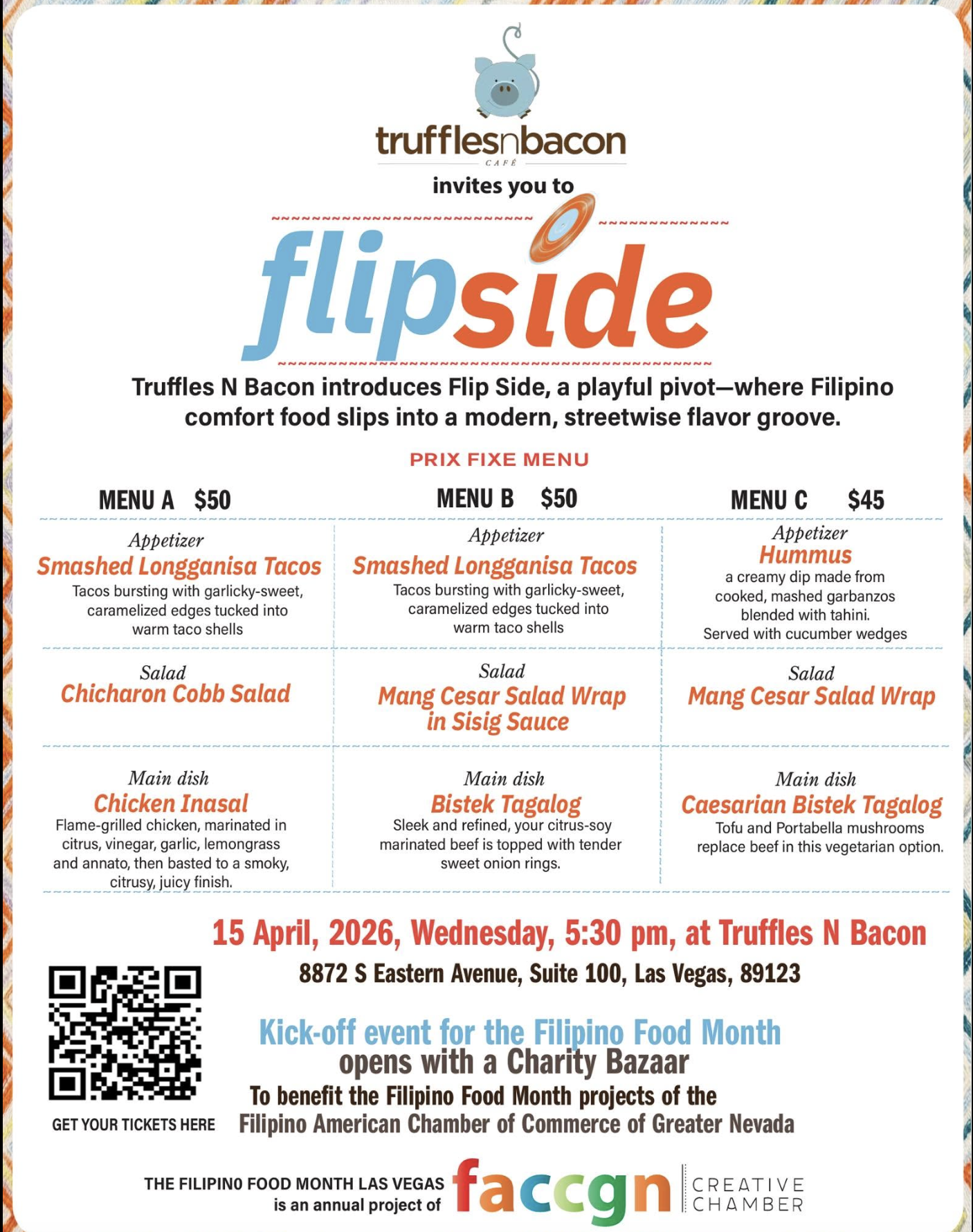 Flyer for a Filipino food event called Flipside at Truffles N Bacon on April 15, 2026, with menu options including tacos, salad, and main dishes from Filipino cuisine, held in Las Vegas.