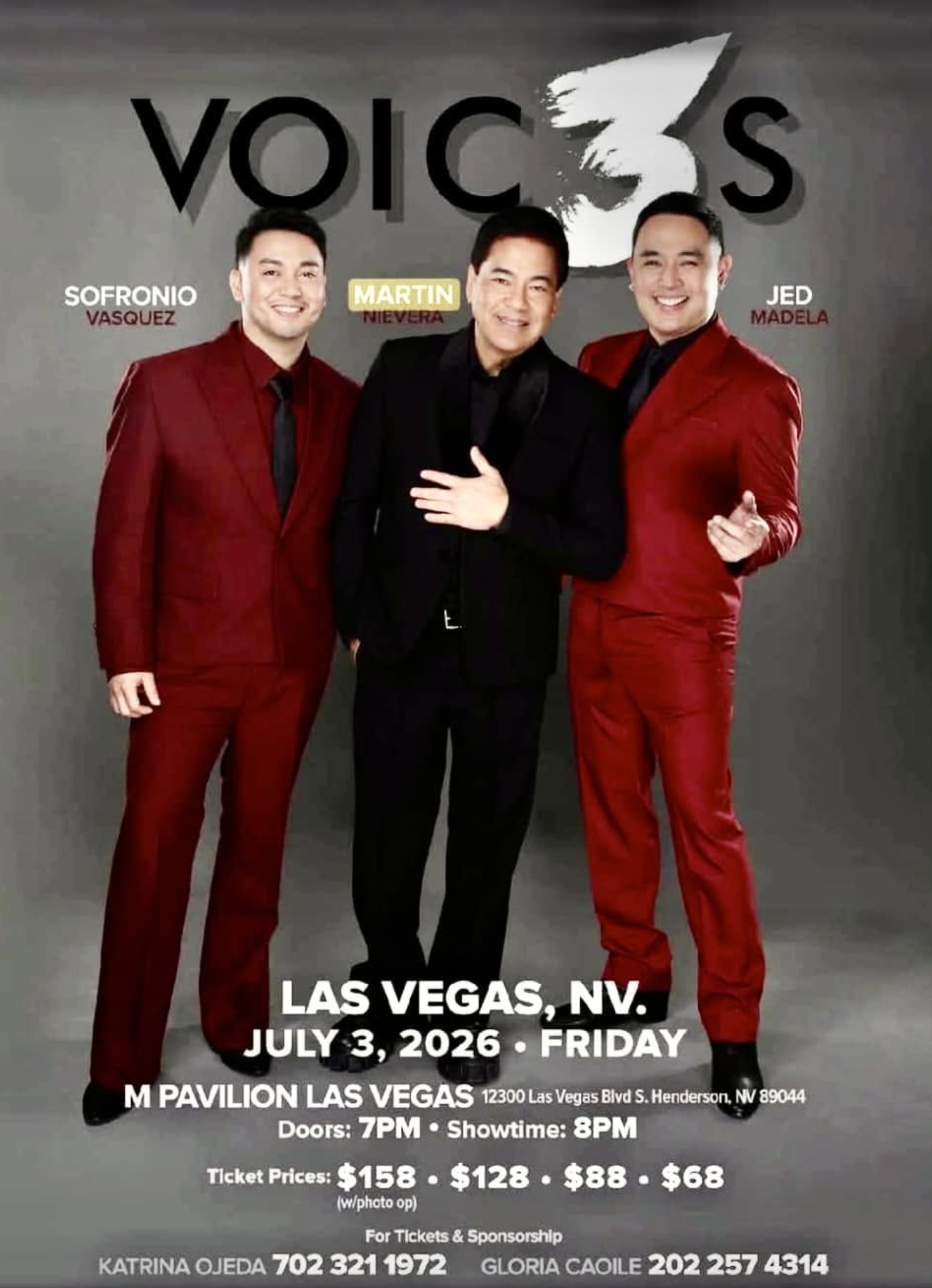 Group photo of three male singers dressed in red and black suits, standing in front of a dark background with the word 'VOICES' and a stylized graphic. Event details for a concert in Las Vegas, NV on July 3, 2026, at M Pavilion, including date, time, ticket prices, and contact information for organizers.