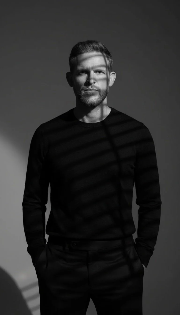 A black-and-white photograph of a man standing with his hands in his pockets, looking into the camera. Shadows from window blinds cast lines across his face and torso.