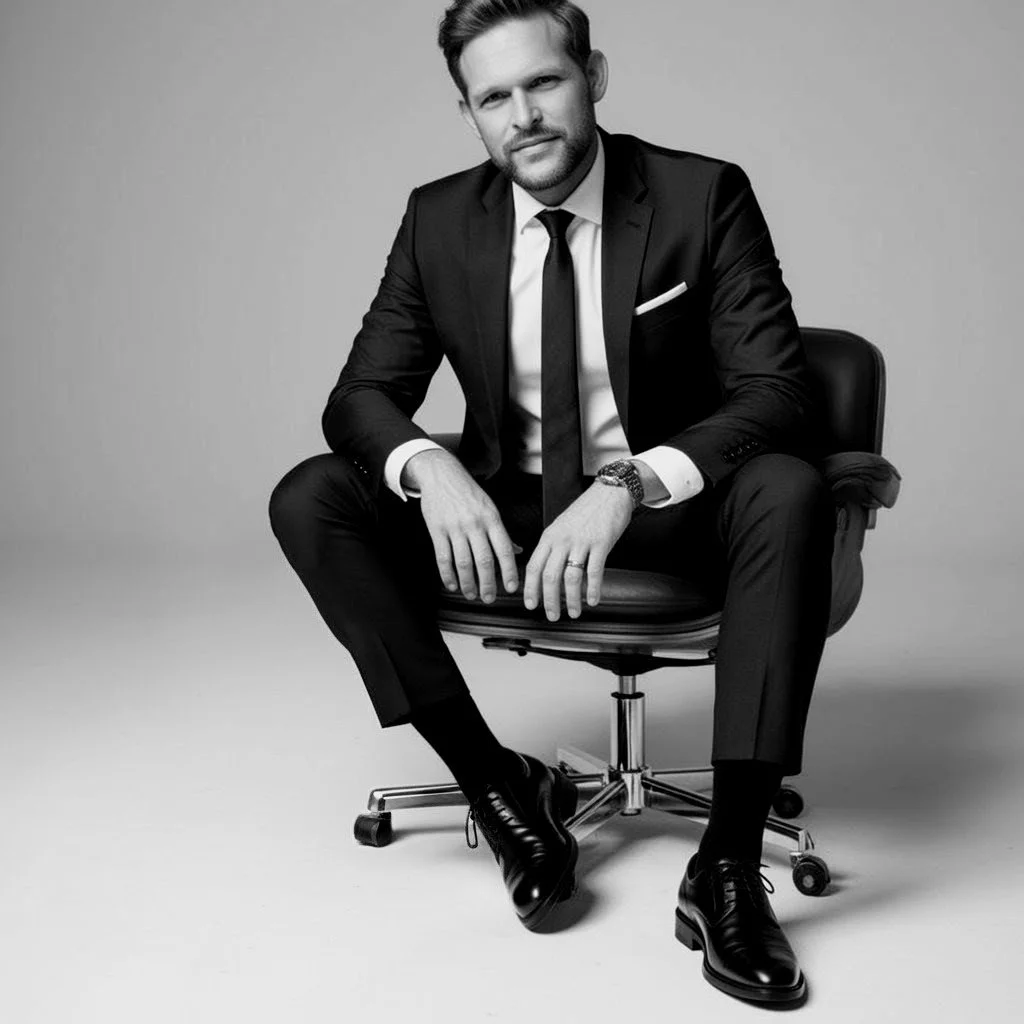 A man in a suit sitting on an office chair in a professional studio setting.