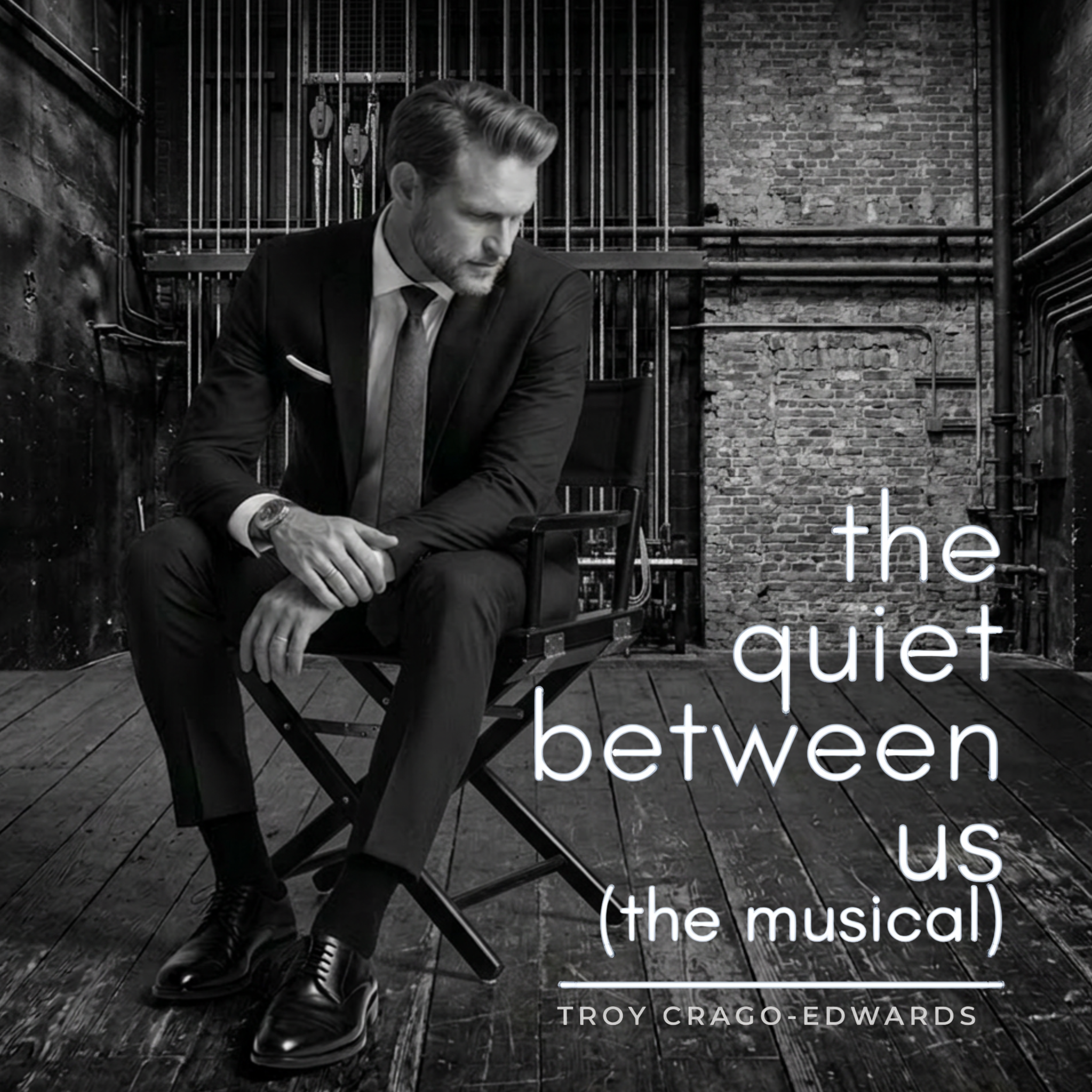 Black and white photo of a man in a suit sitting on a chair, with his head bowed and eyes closed. He has a beard and neatly styled hair, with a brick wall background and metal pipes behind him. Part of a book cover with white text is visible, titled 'the musical' and author name 'Troy Crago-Edwards'.