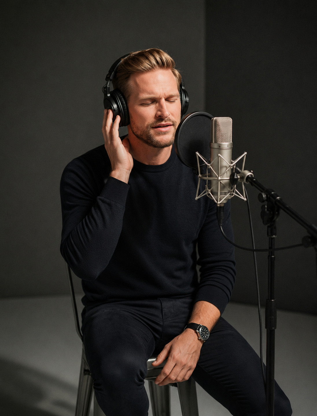 A man with blonde hair and a beard is singing into a professional studio microphone while wearing headphones and a black long-sleeve shirt.