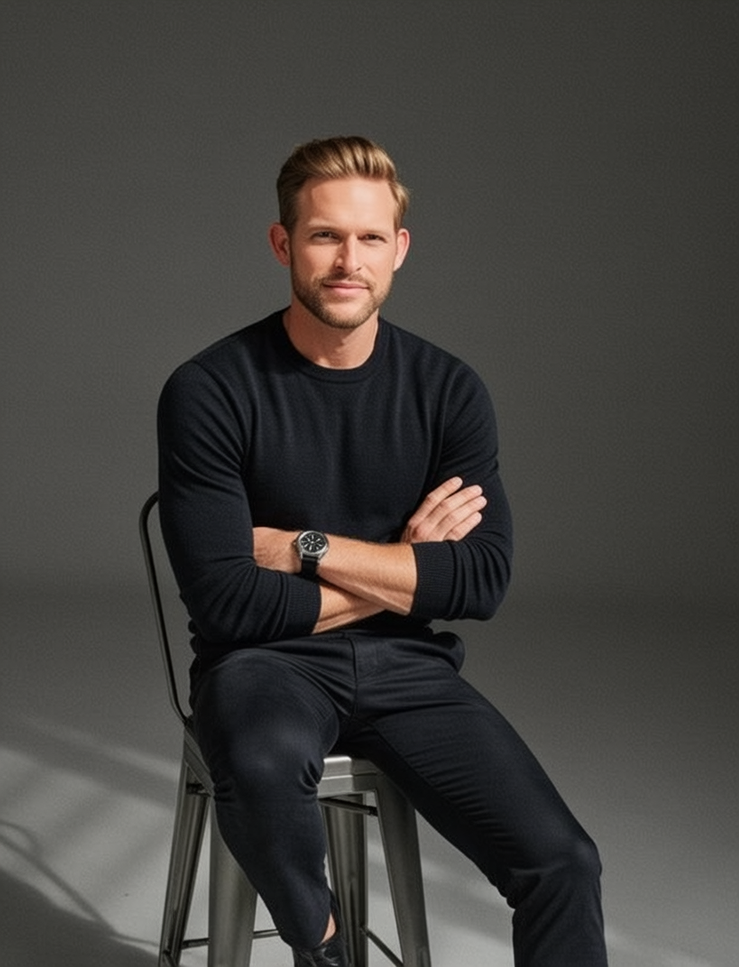 A man with blonde hair and a beard, wearing a black long-sleeve shirt and black pants, is sitting on a silver chair with his arms crossed against a gray background.