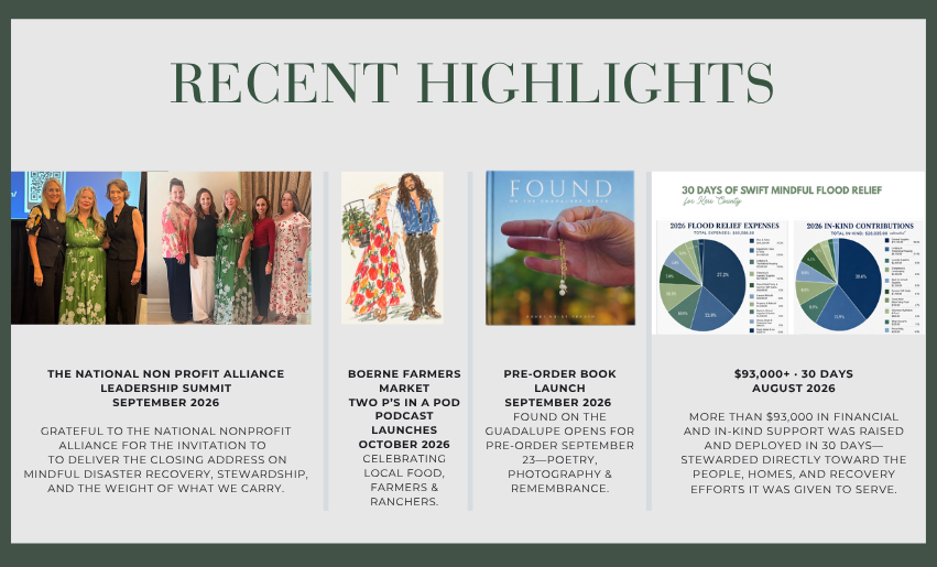 Recent highlights for Dondi Voigt Persyn: National Leadership Summit speaker, Two Ps in a Pod podcast announcement, Found on the Guadalupe book pre-order launch, and more than $93,000 raised and deployed in 30 days for Texas flood relief.