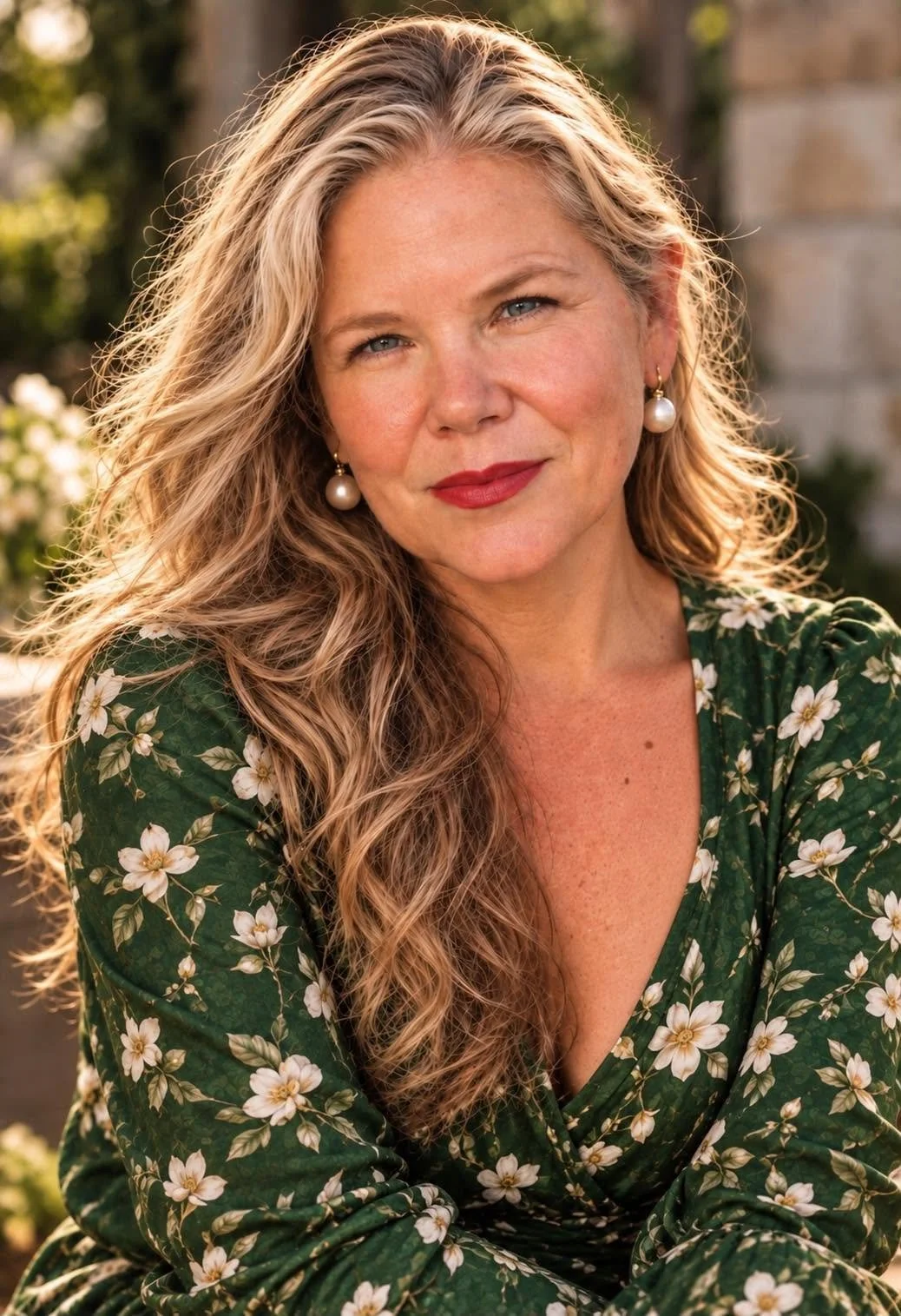 A woman with long curly blonde hair, wearing pearl earrings and a green floral dress, outdoors with blurred greenery and sunlight in the background.