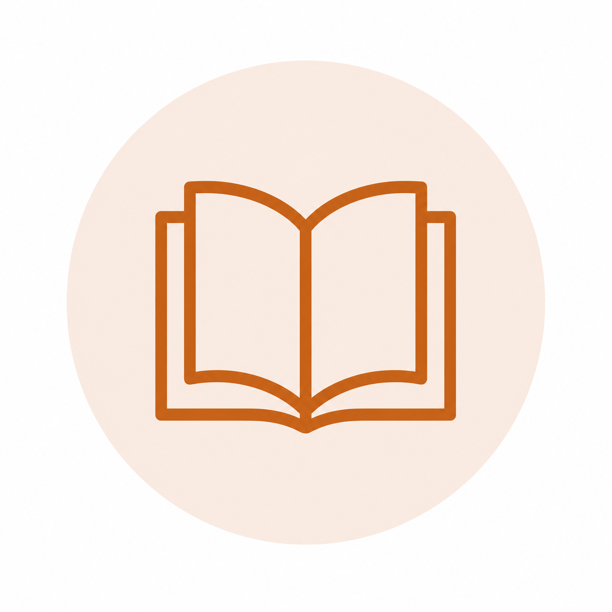 Icon of an open book with a minimalistic design, brown outline on a light beige circular background.