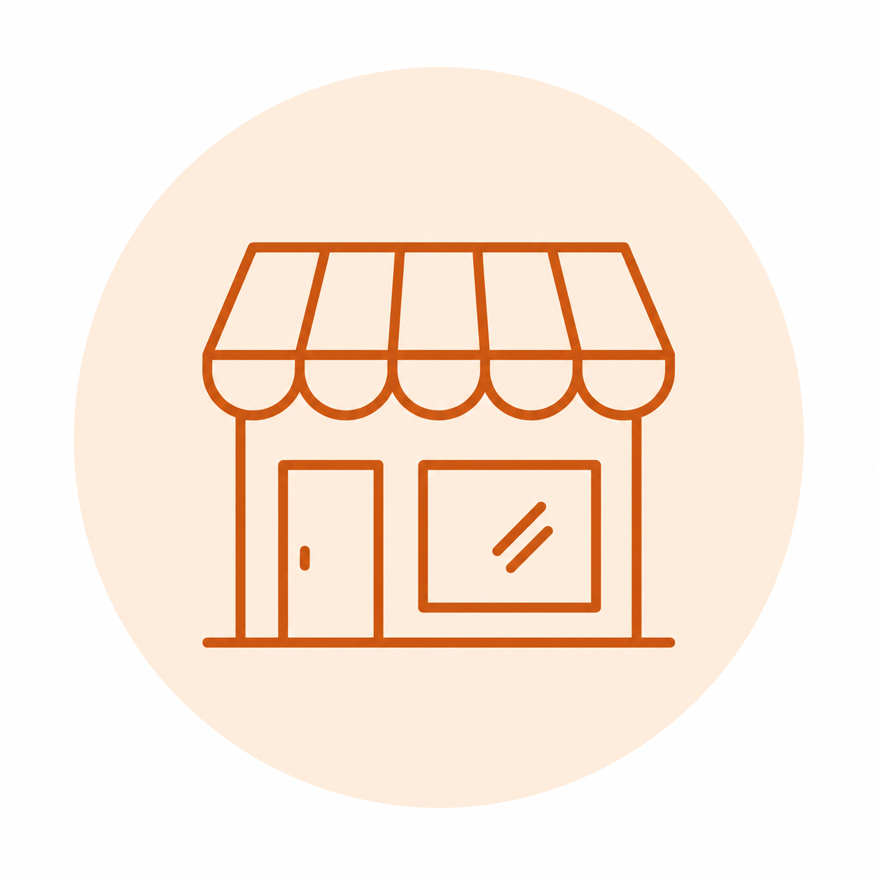 Line drawing of a small storefront with a striped awning, a door on the left, and a window on the right.