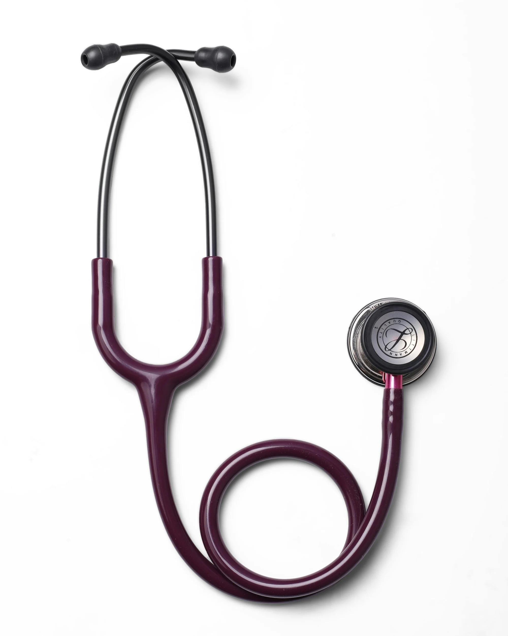 A stethoscope with burgundy tubing and black ear tips on a white background.
