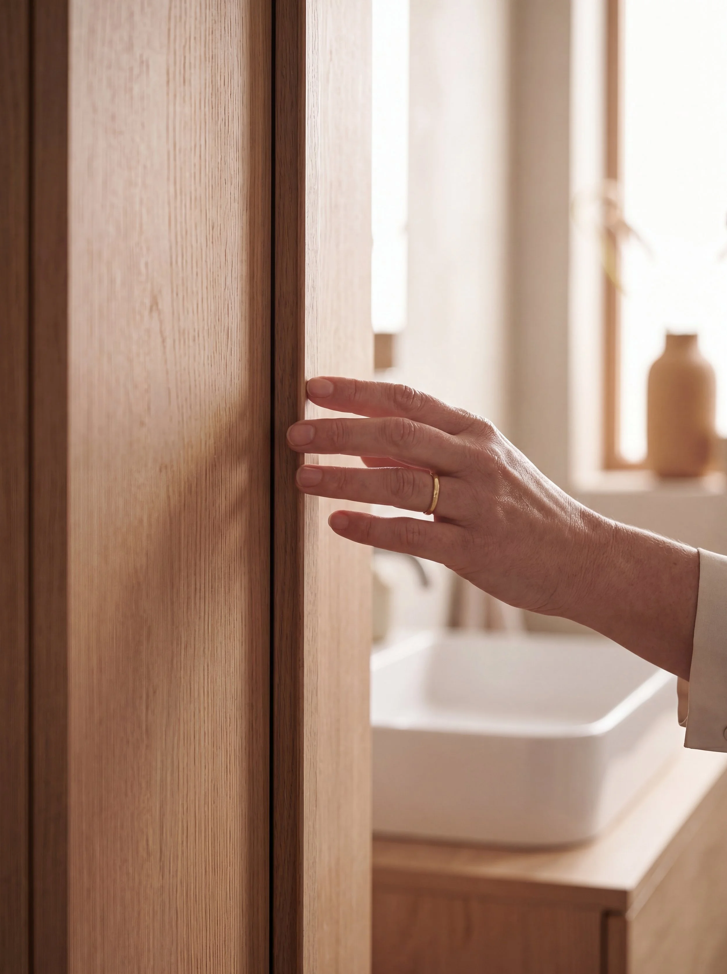 Close-up of a hand touching a wooden cabinet door in a kitchen, with a blurred background of a vase on a countertop.