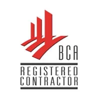 BCA Registered Contractor logo featuring red stylized building and black text