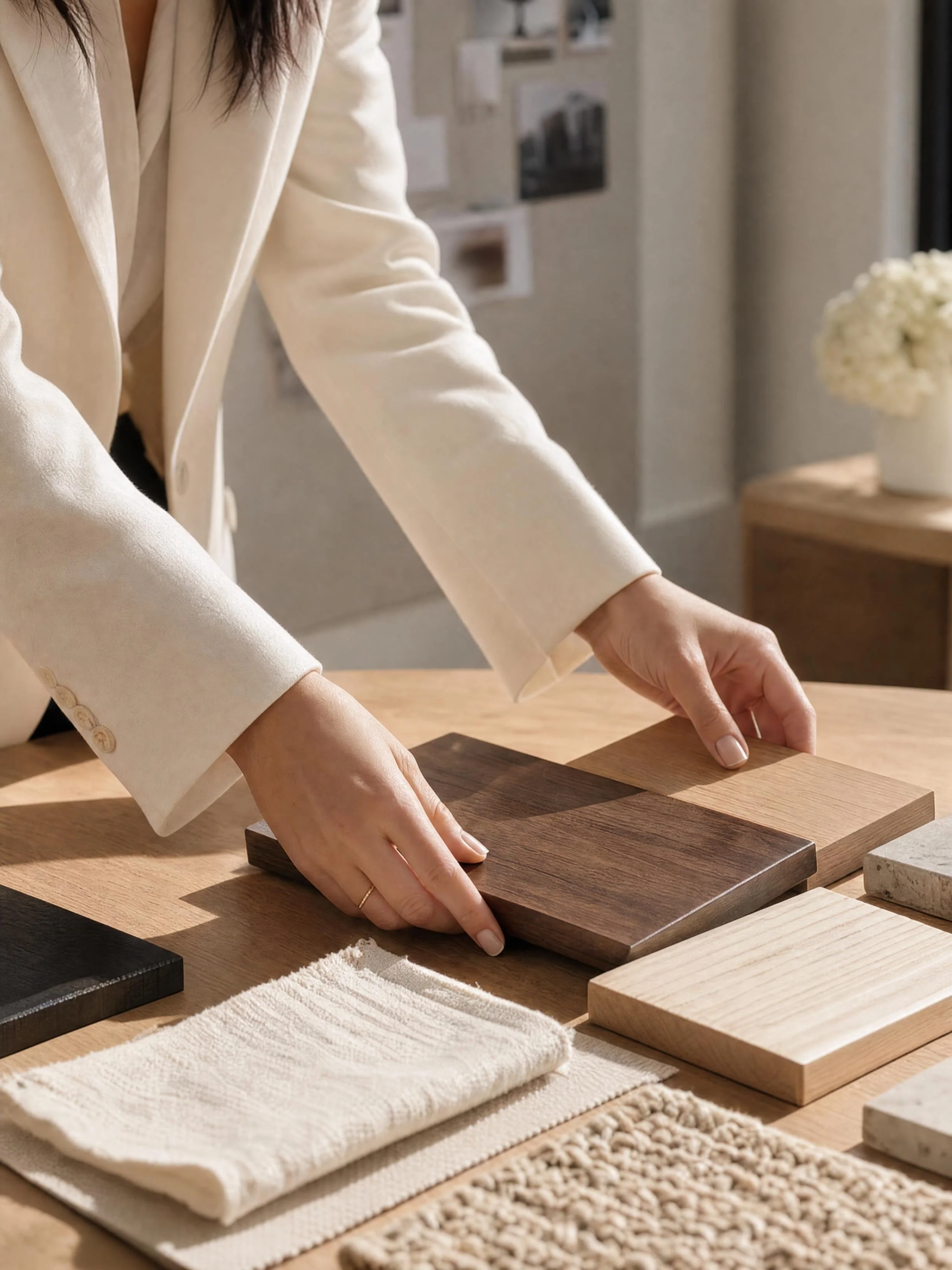Person in a beige suit showing different wood and tile samples on a table.