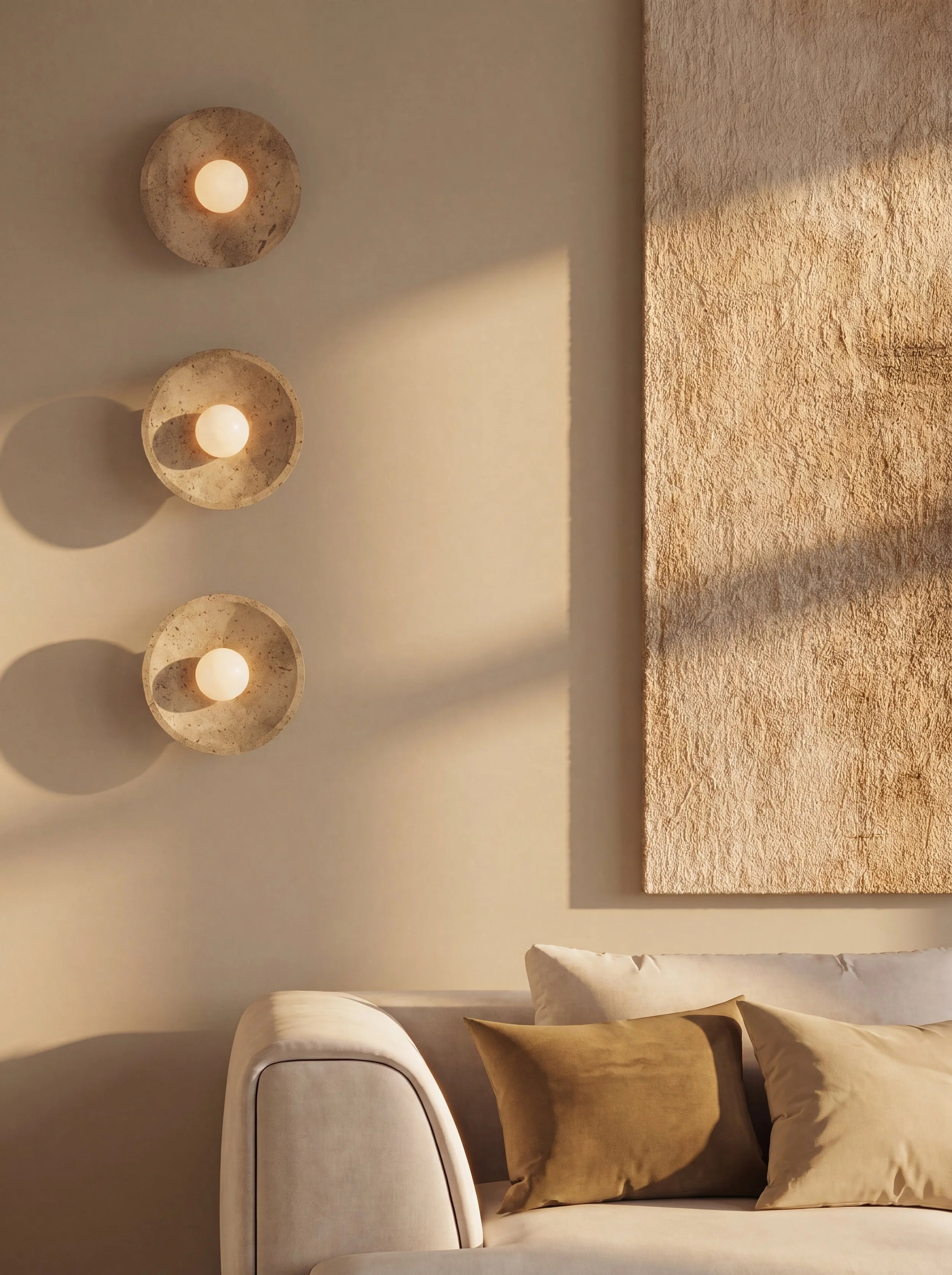 Living room corner with beige sofa, gold pillows, wall-mounted lamps, a textured wall panel, and a beige wall.