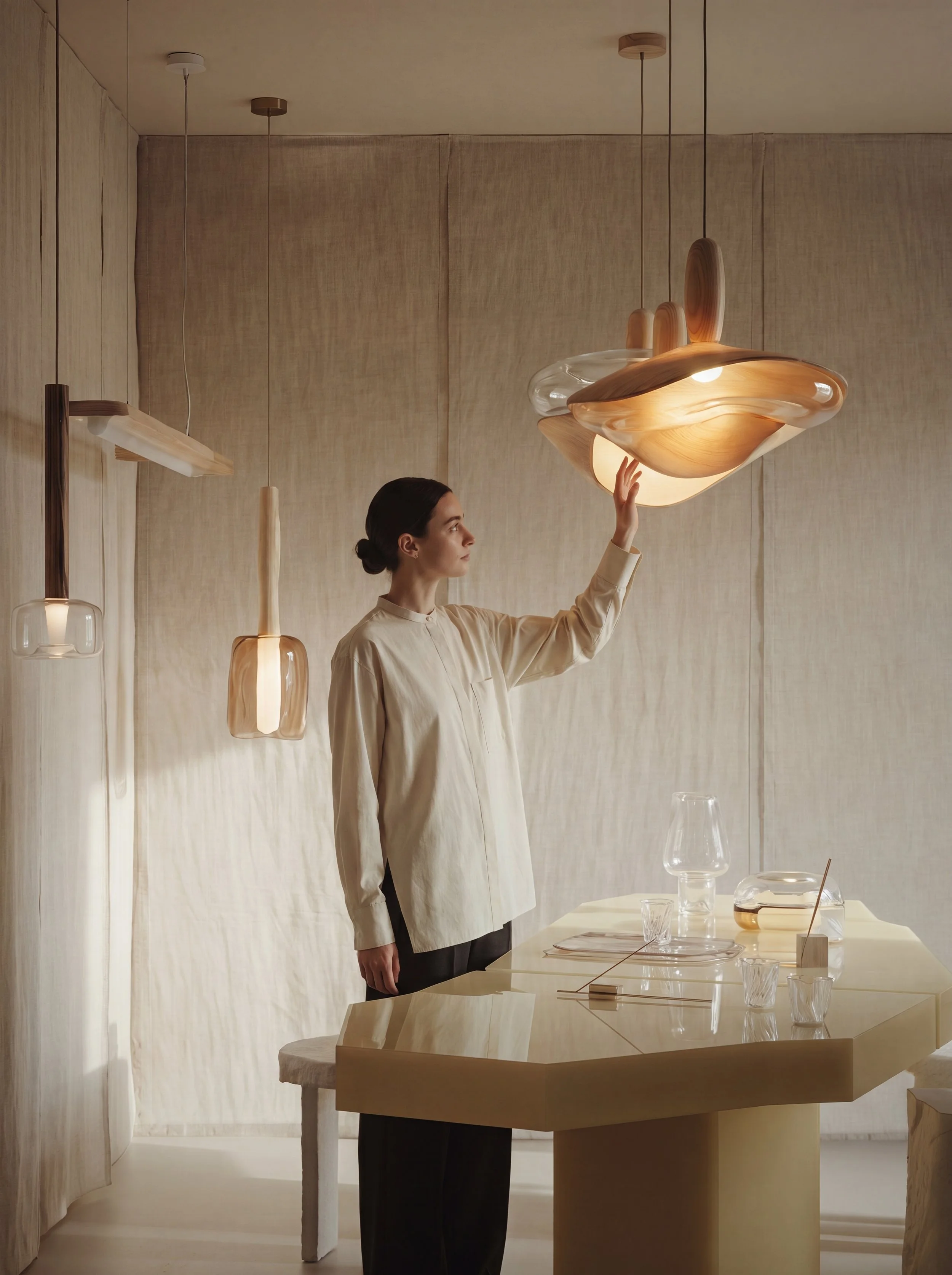 A woman with dark hair tied back, wearing a beige blouse, standing in a modern, minimalist room with cream-colored walls. She is reaching up to touch an artistic, sculptural pendant light hanging from the ceiling, which has a wood and glass design. There are additional hanging light fixtures in the background, and a table with glassware and a glass pitcher in the foreground.