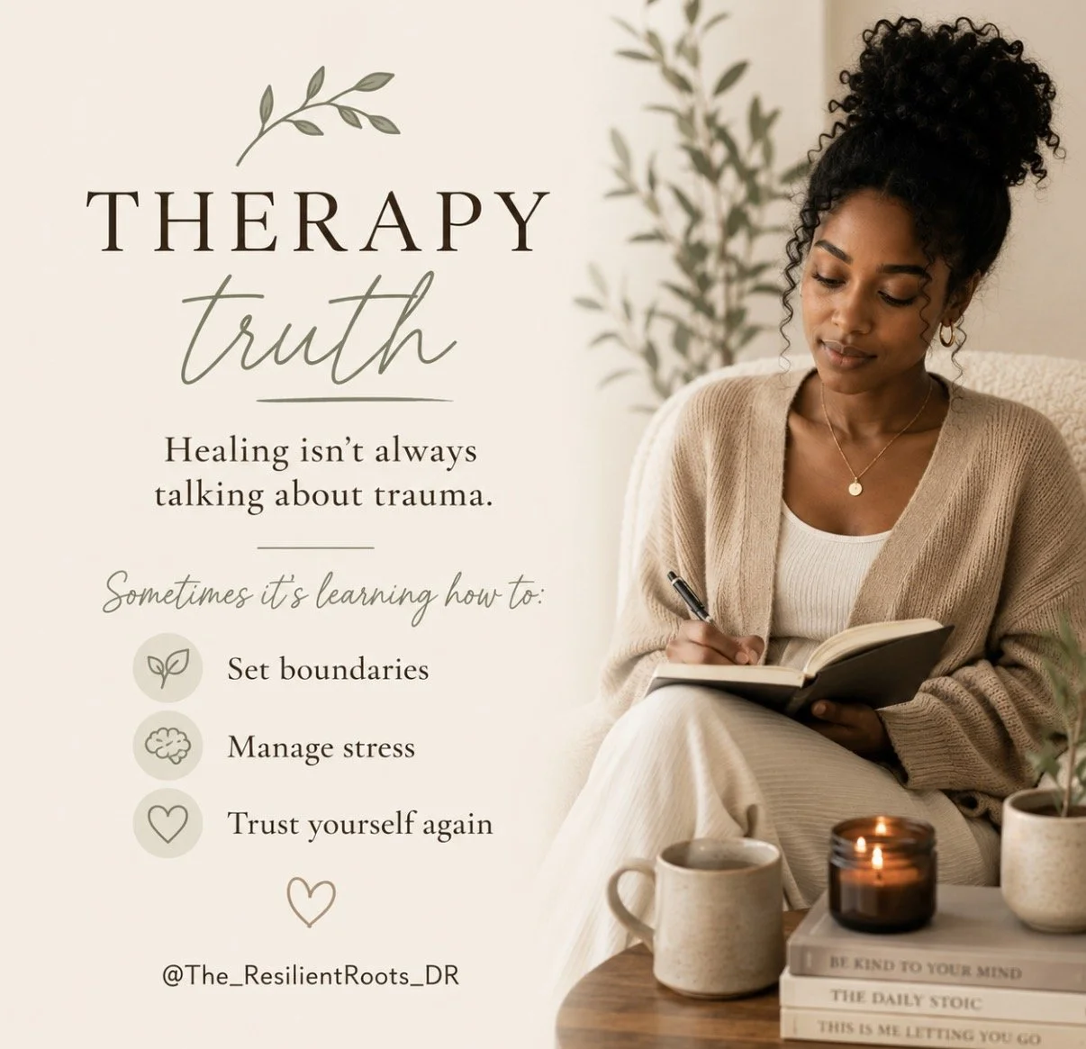 A woman sitting on a couch, writing in a notebook, with candles and books on a table nearby, and a plant in the background, with a text overlay about therapy, healing, and learning to set boundaries, manage stress, and trust yourself again.
