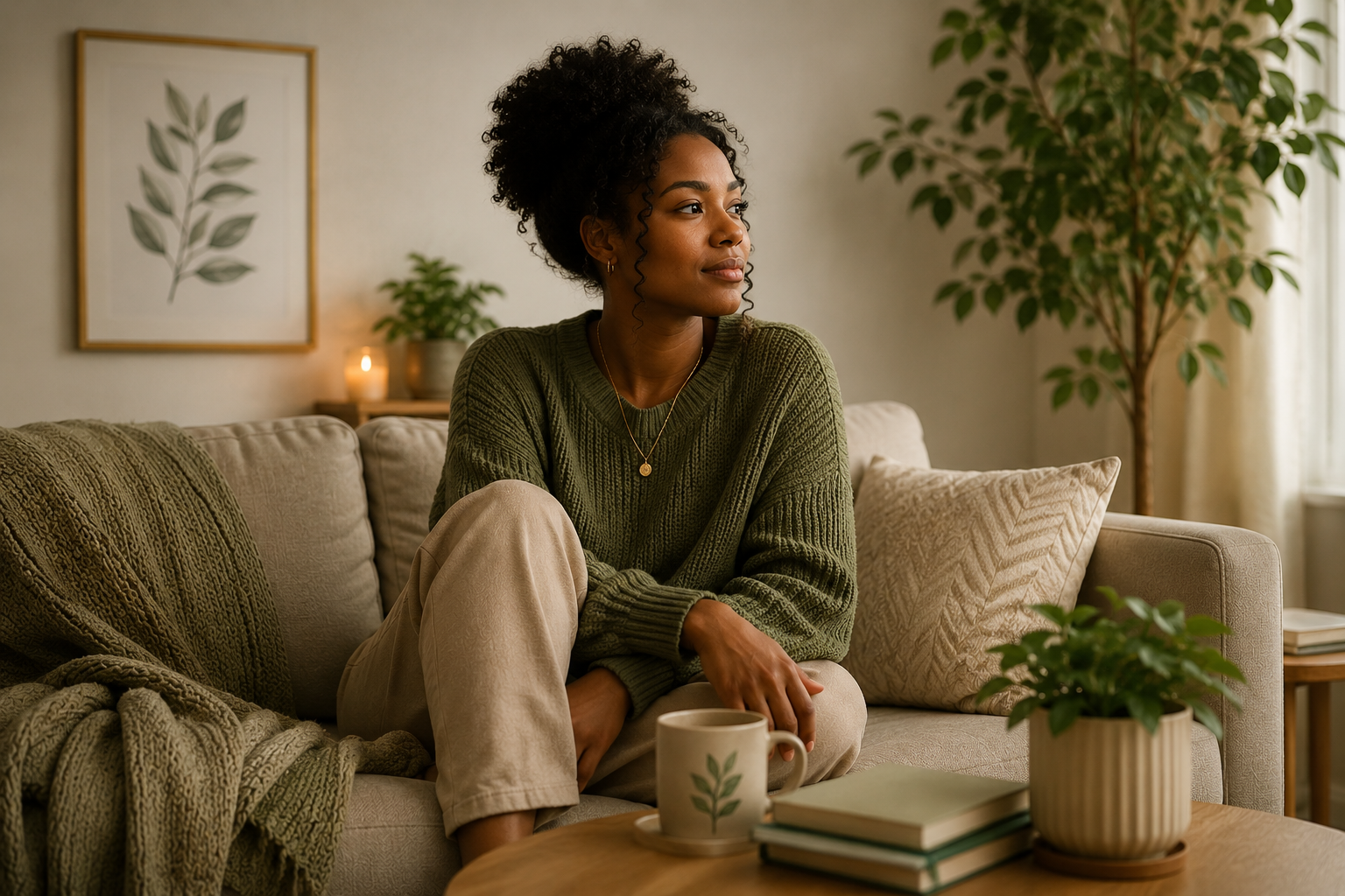 A woman sitting on a beige sofa in a cozy room with green plants, a framed botanical print, and a lit candle in the background. She is wearing a green sweater and beige pants, holding a mug, and looking thoughtfully to the side.
