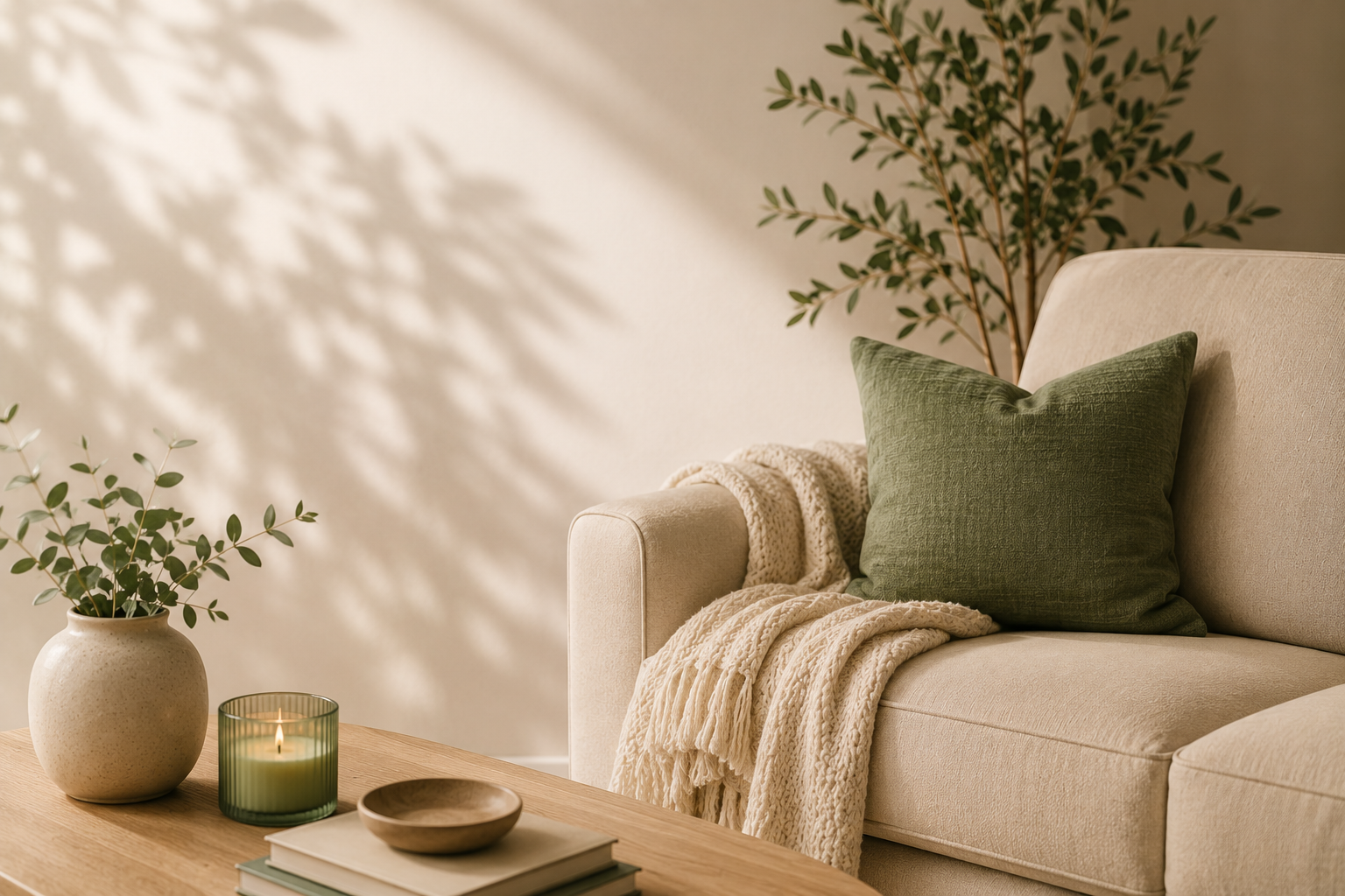 Living room corner with a beige sofa, a green throw pillow, a cream knitted blanket, a wooden coffee table with a green candle, ceramic bowl, and books, a beige textured vase with greenery, and a tall indoor plant beside the sofa, with sunlight casting shadows on the wall.