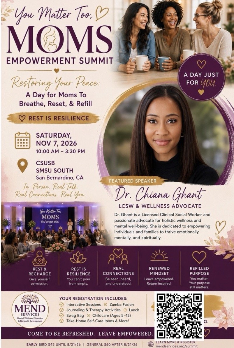 Flyer for the "You Matter Too, Moms Empowerment Summit" with a photo of three women smiling and holding mugs, and a headshot of Dr. Chianna Ghant highlighted as the featured speaker, detailing event date, location, and activities.